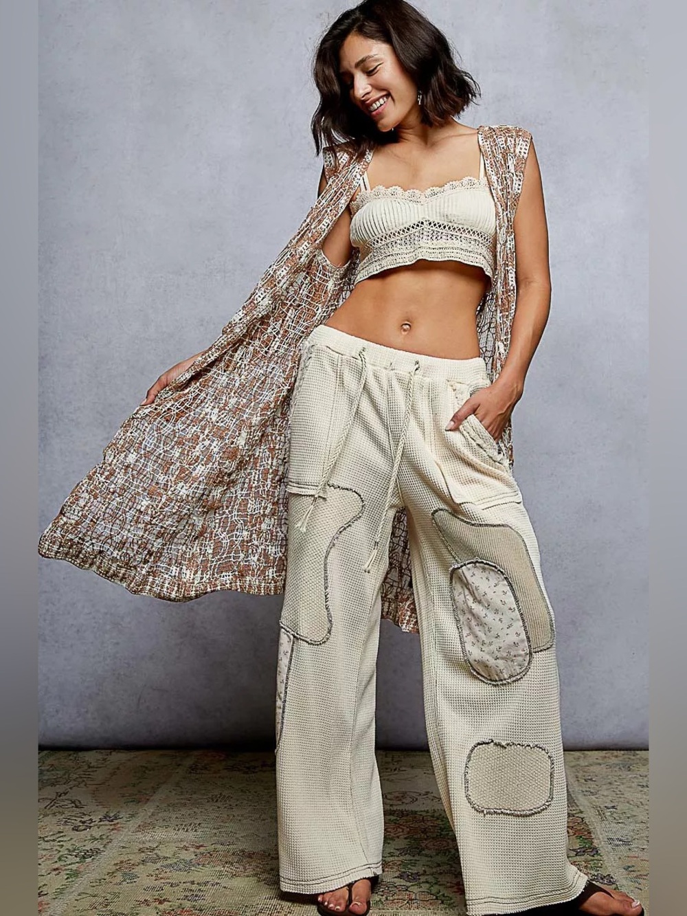 POL Cream Patchwork Waffle Boho Wide Leg Pants Size Large
